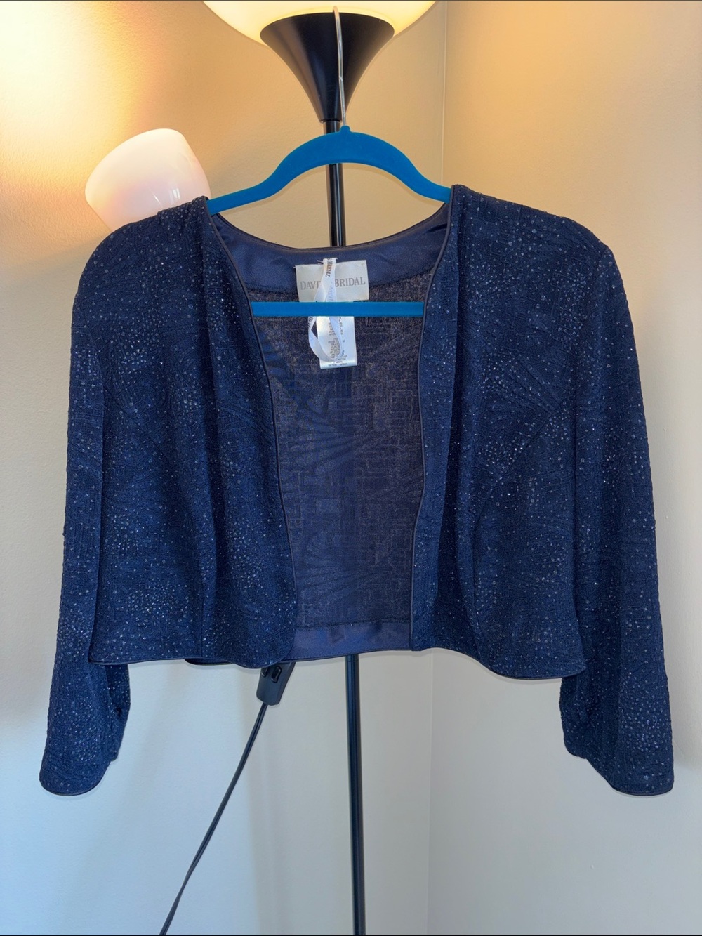 David's Bridal Navy Sparkle Open-Front Cropped Jacket